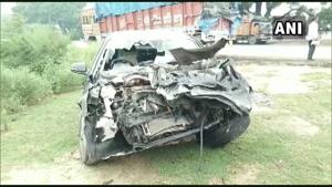 The mangled remains of the car Uttarakhand minister’s son was travelling in.(ANI) The mangled remains of the car Uttarakhand minister’s son was travelling in.(ANI)