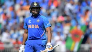 Rohit Sharma leaves the pitch after losing his wicket for 18 during the 2019 Cricket World Cup group stage match between West Indies and India at Old Trafford in Manchester.(AFP) Rohit Sharma leaves the pitch after losing his wicket for 18 during the 2019 Cricket World Cup group stage match between West Indies and India at Old Trafford in Manchester.(AFP)