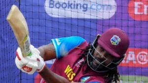 West Indies' Chris Gayle bats in the nets during a training session at Old Trafford.(AFP) West Indies' Chris Gayle bats in the nets during a training session at Old Trafford.(AFP)