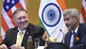 With Indian external affairs minister, S Jaishankar by his side, Pompeo said countries which have signed up for BRI, a cluster of infrastructure projects connecting China to the rest of Asia and beyond, don’t just have “strings attached but shackles”.(Arvind Yadav/HT PHOTO) With Indian external affairs minister, S Jaishankar by his side, Pompeo said countries which have signed up for BRI, a cluster of infrastructure projects connecting China to the rest of Asia and beyond, don’t just have “strings attached but shackles”.(Arvind Yadav/HT PHOTO)