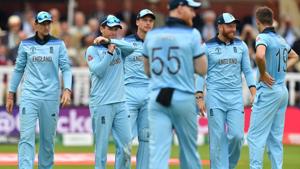 England's captain Eoin Morgan (2L) gestures for a third umpire review.(AFP) England's captain Eoin Morgan (2L) gestures for a third umpire review.(AFP)