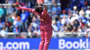 West Indies' Sheldon Cottrell’s salute celebration.(AFP) West Indies' Sheldon Cottrell’s salute celebration.(AFP)