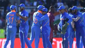 Indian players congratulate each other after their victory against West Indies at Manchester on Thursday.(AFP) Indian players congratulate each other after their victory against West Indies at Manchester on Thursday.(AFP)