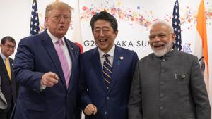 Prime Minister Narendra Modi, US President Donald Trump and Japan Prime Minister Shinzo Abe started their trilateral in Osaka.(Bloomberg) Prime Minister Narendra Modi, US President Donald Trump and Japan Prime Minister Shinzo Abe started their trilateral in Osaka.(Bloomberg)