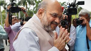 Union Home Minister Amit Shah at Parliament House during the Budget Session in New Delhi.(PTI) Union Home Minister Amit Shah at Parliament House during the Budget Session in New Delhi.(PTI)