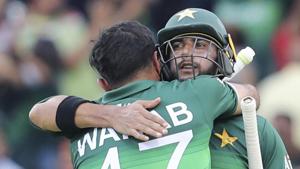 Leeds: Pakistan's Imad Wasim, right, and Wahab Riaz congratulate each other after their team's victory(AP) Leeds: Pakistan's Imad Wasim, right, and Wahab Riaz congratulate each other after their team's victory(AP)