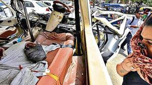 The mangled remains of a tempo traveller after a road accident at NH24, in New Delhi, India.(Photo by Raj K Raj/ Hindustan Times) The mangled remains of a tempo traveller after a road accident at NH24, in New Delhi, India.(Photo by Raj K Raj/ Hindustan Times)
