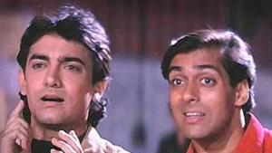 Salman Khan and Aamir Khan in a still from Andaz Apna Apna. Salman Khan and Aamir Khan in a still from Andaz Apna Apna.