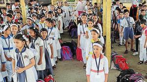 During the assembly, the principal of the New Era English High School and Junior College, Bhiwandi,asked students to protect nature.(HT) During the assembly, the principal of the New Era English High School and Junior College, Bhiwandi,asked students to protect nature.(HT)