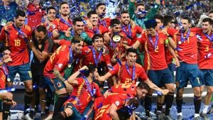 Spain's defender Marc Roca (C-R), Spain's midfielder Fabian Ruiz (3rdl Top) and teammates celebrate with the winners trophy.(AFP) Spain's defender Marc Roca (C-R), Spain's midfielder Fabian Ruiz (3rdl Top) and teammates celebrate with the winners trophy.(AFP)