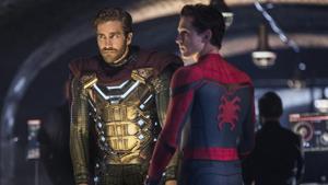 This image released by Sony Pictures shows Jake Gyllenhaal, left, and Tom Holland in a scene from Spider-Man: Far From Home. (Jay Maidment/Columbia Pictures/Sony via AP)(AP) This image released by Sony Pictures shows Jake Gyllenhaal, left, and Tom Holland in a scene from Spider-Man: Far From Home. (Jay Maidment/Columbia Pictures/Sony via AP)(AP)