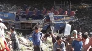 At least 35 people were killed and 17 others were injured when an overloaded mini bus veered off the road and fell into a deep gorge in Kishtwar district of Jammu and Kashmir on the morning of July 1, 2019.(HT Photo) At least 35 people were killed and 17 others were injured when an overloaded mini bus veered off the road and fell into a deep gorge in Kishtwar district of Jammu and Kashmir on the morning of July 1, 2019.(HT Photo)