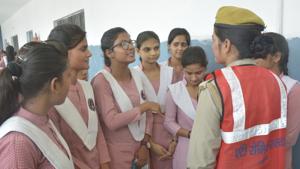 Ghaziabad police started their ‘anti-romeo’ campaign with workshops in several schools where girls students and teachers were introduced to the squads, July 1, 2019.(Sakib Ali / HT Photo) Ghaziabad police started their ‘anti-romeo’ campaign with workshops in several schools where girls students and teachers were introduced to the squads, July 1, 2019.(Sakib Ali / HT Photo)