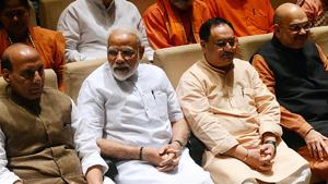 Defence minister Rajnath Singh, Prime Minister Narendra Modi, BJP working president JP Nadda and Home Minister Amit Shah during the BJP parliamentary party meeting at Parliament library in New Delhi on Tuesday.(ANI photo) Defence minister Rajnath Singh, Prime Minister Narendra Modi, BJP working president JP Nadda and Home Minister Amit Shah during the BJP parliamentary party meeting at Parliament library in New Delhi on Tuesday.(ANI photo)