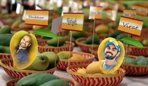 At the 31st Mango Festival at Dilli Haat, Janakpuri, get set to taste mangoes named after Indian cricketers.(PHOTO: Shivam Saxena/HT; IMAGING: Henu Mauria/HT)