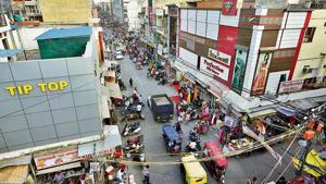 An aerial view of the Lal Quarter Market, at Krishna Nagar area, in New Delhi, India.(Biplov Bhuyan / Hindustan Times) An aerial view of the Lal Quarter Market, at Krishna Nagar area, in New Delhi, India.(Biplov Bhuyan / Hindustan Times)