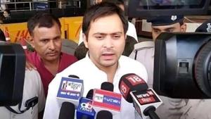 RJD leader Tejashwi Yadav speaking with media persons at Patna Airport, Monday July1,2019.(Santosh Kumar / HT Photo) RJD leader Tejashwi Yadav speaking with media persons at Patna Airport, Monday July1,2019.(Santosh Kumar / HT Photo)