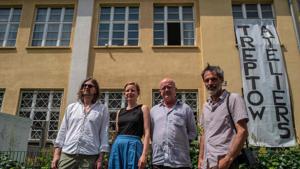 From L: German artist Sebastian Koerbs, German artist Lydia Paasche, Irish artist Lorcan O'Byrne and Italian photographer Michele Caliari, pose outside the ‘Treptow Ateliers’ artist colony in Berlin.(AFP) From L: German artist Sebastian Koerbs, German artist Lydia Paasche, Irish artist Lorcan O'Byrne and Italian photographer Michele Caliari, pose outside the ‘Treptow Ateliers’ artist colony in Berlin.(AFP)