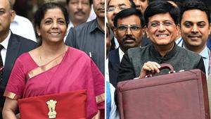 Making a departure from the norm, Finance Minsiter Nirmala Sitharaman opted for a red folder with national emblem, the Ashoka Chakra, on the front tied together with a string instead of a briefcase.(HT photos) Making a departure from the norm, Finance Minsiter Nirmala Sitharaman opted for a red folder with national emblem, the Ashoka Chakra, on the front tied together with a string instead of a briefcase.(HT photos)