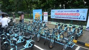 An e-bike stand at Nature garden in Kopar Khairane was inaugurated on Thursday.(Bachchan Kumar/ Hindustan Times) An e-bike stand at Nature garden in Kopar Khairane was inaugurated on Thursday.(Bachchan Kumar/ Hindustan Times)