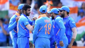 India's Jasprit Bumrah (2nd L) celebrates with teammates.(AFP) India's Jasprit Bumrah (2nd L) celebrates with teammates.(AFP)
