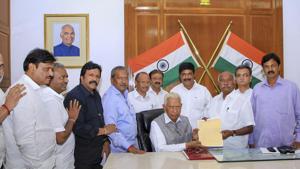 Dissident MLAs from JD(S) and Congress met with Karnataka Governor Vajuibhai Vala at Rajbhavan, in Bengaluru, Saturday, July 6, 2019(PTI FILE) Dissident MLAs from JD(S) and Congress met with Karnataka Governor Vajuibhai Vala at Rajbhavan, in Bengaluru, Saturday, July 6, 2019(PTI FILE)