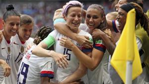 United States' Megan Rapinoe, center, celebrates after scoring the opening goal.(AP) United States' Megan Rapinoe, center, celebrates after scoring the opening goal.(AP)