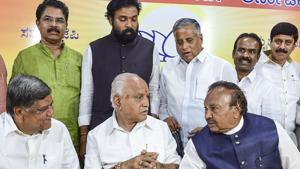 Bengaluru: Karnataka BJP State President B S Yeduyurappa with party leaders Jagadish Shettar, K S Eshwarappa and others during the BJP legislator party meeting at the party office in Bengaluru.(PTI) Bengaluru: Karnataka BJP State President B S Yeduyurappa with party leaders Jagadish Shettar, K S Eshwarappa and others during the BJP legislator party meeting at the party office in Bengaluru.(PTI)