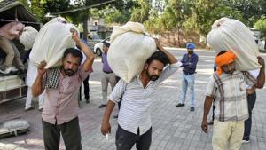 Labourers carry bags of heroin, which were seized by from the trucks coming from Pakistan, at a court in Amritsar, Sunday, June 30, 2019.(PTI) Labourers carry bags of heroin, which were seized by from the trucks coming from Pakistan, at a court in Amritsar, Sunday, June 30, 2019.(PTI)