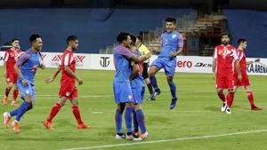 Players of Indian team celebrate first goal against Tajikistan (In Red) during the Hero Intercontinental Cup 2019 match in Ahmedabad.(PTI) Players of Indian team celebrate first goal against Tajikistan (In Red) during the Hero Intercontinental Cup 2019 match in Ahmedabad.(PTI)