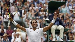 Rafael Nadal celebrates after beating Portugal's Joao Sousa in a Men's singles match of the Wimbledon Tennis Championships in London.(AP) Rafael Nadal celebrates after beating Portugal's Joao Sousa in a Men's singles match of the Wimbledon Tennis Championships in London.(AP)