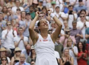 Czech Republic's Barbora Strycova celebrates after winning a women's quarterfinal match against Britain's Johanna Konta at the Wimbledon Tennis Championships in London.(AP) Czech Republic's Barbora Strycova celebrates after winning a women's quarterfinal match against Britain's Johanna Konta at the Wimbledon Tennis Championships in London.(AP)