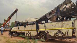 Mangled remains of a UP Roadways bus after it fell into a drain off the Yamuna Expressway near Agra, killing 29 passengers, July 8, 2019.(PTI) Mangled remains of a UP Roadways bus after it fell into a drain off the Yamuna Expressway near Agra, killing 29 passengers, July 8, 2019.(PTI)