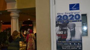 A poster by US-based secessionist group Sikhs for Justice (SFJ) about referendum 2020 in a gurdwara in San Jose, California.(HT PHOTO) A poster by US-based secessionist group Sikhs for Justice (SFJ) about referendum 2020 in a gurdwara in San Jose, California.(HT PHOTO)