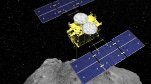 FILE - This computer graphics image released by the Japan Aerospace Exploration Agency (JAXA) shows the Hayabusa2 spacecraft above the asteroid Ryugu. Japan’s space agency JAXA said Thursday, July 11, 2019 that data transmitted from the Hayabusa2 indicated its second successful touchdown on the distant asteroid to complete a historic mission - to collect underground samples in hopes of finding clues to the origin of the solar system. (ISAS/JAXA via AP)(AP) FILE - This computer graphics image released by the Japan Aerospace Exploration Agency (JAXA) shows the Hayabusa2 spacecraft above the asteroid Ryugu. Japan’s space agency JAXA said Thursday, July 11, 2019 that data transmitted from the Hayabusa2 indicated its second successful touchdown on the distant asteroid to complete a historic mission - to collect underground samples in hopes of finding clues to the origin of the solar system. (ISAS/JAXA via AP)(AP)
