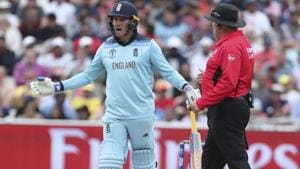 England's Jason Roy gestures to the umpire after he was given out.(AP) England's Jason Roy gestures to the umpire after he was given out.(AP)