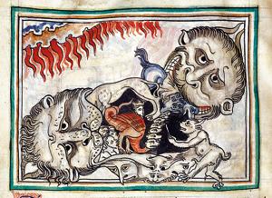 Depiction of underworld's creatures devouring the damned in a miniature from Apocalypse of Cambrai, illuminated by the French School of the 13th century.(Corbis via Getty Images) Depiction of underworld's creatures devouring the damned in a miniature from Apocalypse of Cambrai, illuminated by the French School of the 13th century.(Corbis via Getty Images)