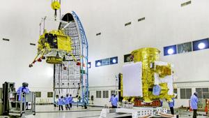In this picture released by ISRO, officials carry out the hoisting of the Vikram Lander during the integration of Chandrayaan-2, at the launch center in Sriharikota. The space mission, which aims to place a robotic rover on the moon, is set to be launched on July 15, 2019. (ISRO/PTI Photo) In this picture released by ISRO, officials carry out the hoisting of the Vikram Lander during the integration of Chandrayaan-2, at the launch center in Sriharikota. The space mission, which aims to place a robotic rover on the moon, is set to be launched on July 15, 2019. (ISRO/PTI Photo)