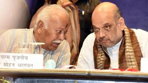 Rashtriya Swayamsevak Sangh Chief Mohan Bhagwat with BJP National Chief Amit Shah in an book launch event from 2017.(Sonu Mehta/HT PHOTO) Rashtriya Swayamsevak Sangh Chief Mohan Bhagwat with BJP National Chief Amit Shah in an book launch event from 2017.(Sonu Mehta/HT PHOTO)