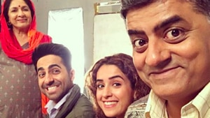 Badhaai Ho cast members Ayushmann Khurrana, Gajraj Rao, Neena Gupta and Sanya Malhotra pose together. Badhaai Ho cast members Ayushmann Khurrana, Gajraj Rao, Neena Gupta and Sanya Malhotra pose together.