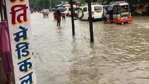 A waterlogged Hospital Road in Motihari on Friday.(Prashant Kumar/ HT)
