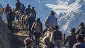 As many as 12 batches of pilgrims have so far left for the twin base camps of Pahalgam and Baltal in Kashmir valley from Jammu since the beginning of the pilgrimage on June 30.(PTI) As many as 12 batches of pilgrims have so far left for the twin base camps of Pahalgam and Baltal in Kashmir valley from Jammu since the beginning of the pilgrimage on June 30.(PTI)