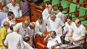 Karnataka chief minister HD Kumaraswamy along with other members during the Assembly session at Vidhana Soudha in Bengaluru on Monday.(PTI File Photo) Karnataka chief minister HD Kumaraswamy along with other members during the Assembly session at Vidhana Soudha in Bengaluru on Monday.(PTI File Photo)