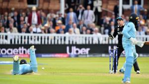 The ball hits England's Ben Stokes (L), deflecting to reach the boundary as he dives to make his ground(AFP) The ball hits England's Ben Stokes (L), deflecting to reach the boundary as he dives to make his ground(AFP)