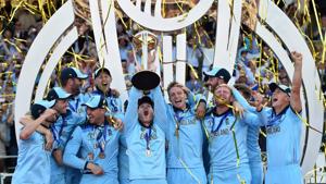 England's captain Eoin Morgan lifts the World Cup trophy as England's players celebrate their win.(AFP) England's captain Eoin Morgan lifts the World Cup trophy as England's players celebrate their win.(AFP)