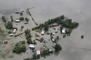 An aerial view of flooded Majuli, an island in River Brahmaputra, Assam on Tuesday. Monsoon flooding and landslides continued to cause havoc in South Asia on Tuesday, with authorities in northeastern India battling to provide relief to over 4 million people in Assam state, officials said.(Photo: AP) An aerial view of flooded Majuli, an island in River Brahmaputra, Assam on Tuesday. Monsoon flooding and landslides continued to cause havoc in South Asia on Tuesday, with authorities in northeastern India battling to provide relief to over 4 million people in Assam state, officials said.(Photo: AP)