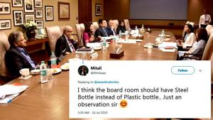 A Twitter user pointed at the plastic bottles kept in the boardroom, got a special response from Anand Mahindra.(Twitter/@anandmahindra) A Twitter user pointed at the plastic bottles kept in the boardroom, got a special response from Anand Mahindra.(Twitter/@anandmahindra)