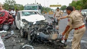 Mangled remains of vehicles that met with an accident near Birla Temple in Jaipur, Tuesday, July 16, 2019.(PTI) Mangled remains of vehicles that met with an accident near Birla Temple in Jaipur, Tuesday, July 16, 2019.(PTI)
