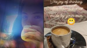 Anushka Sharma sips coffee in a cup made by her in London.(Instagram) Anushka Sharma sips coffee in a cup made by her in London.(Instagram)