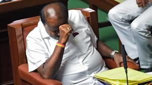 Karnataka Chief Minister H D Kumaraswamy during the assembly session at Vidhana Soudha in Bengaluru, Thursday, July 18, 2019.(PTI photo) Karnataka Chief Minister H D Kumaraswamy during the assembly session at Vidhana Soudha in Bengaluru, Thursday, July 18, 2019.(PTI photo)